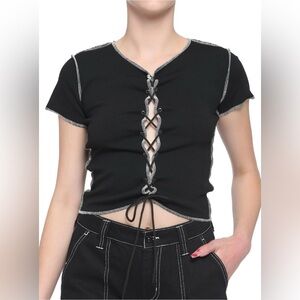 Hot Topic Black & White Contrast Lace-Up Crop Top - Size XL